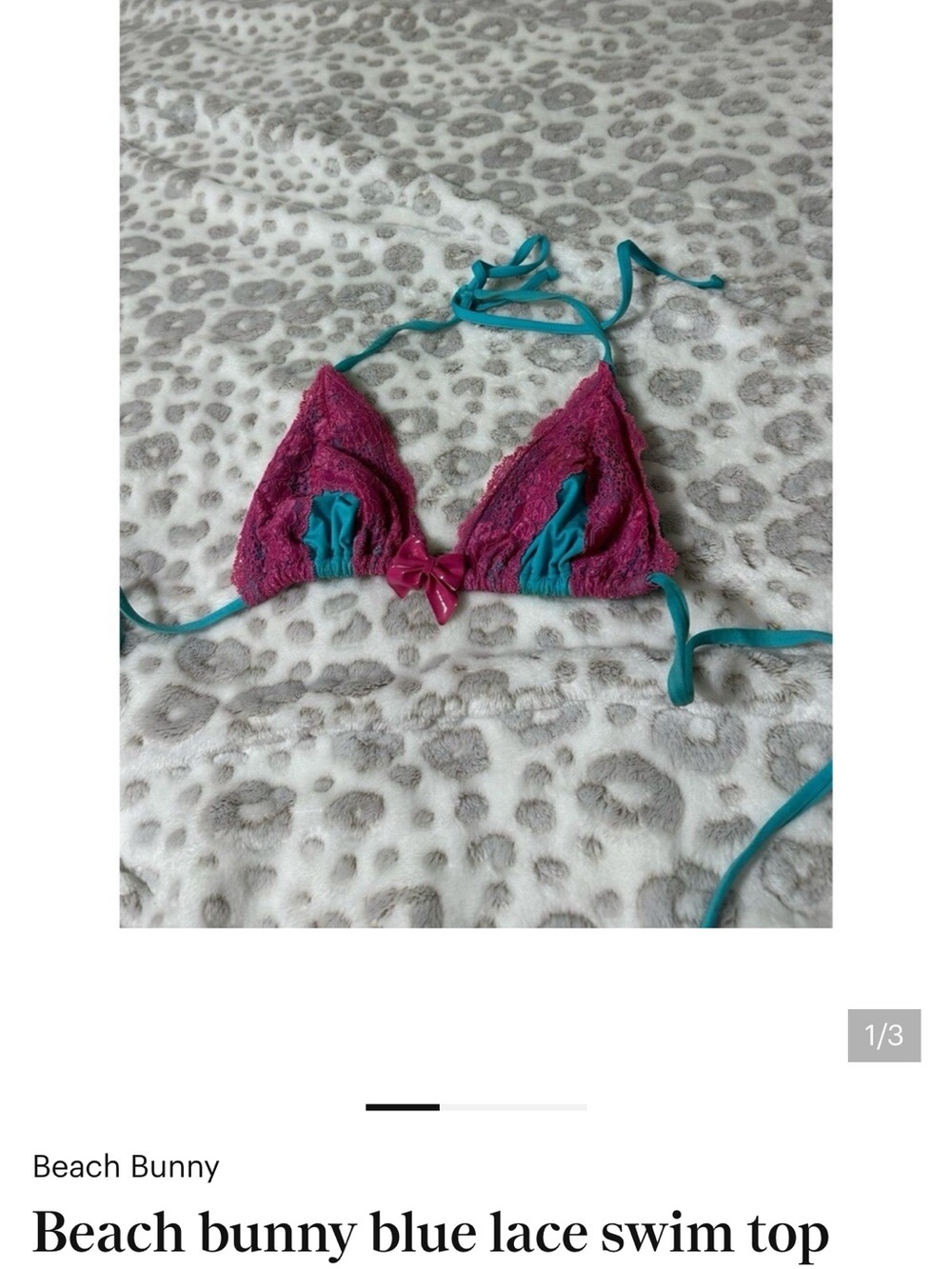 Beach Bunny Fuchsia Lace Triangle Bikini Top with Teal Ties